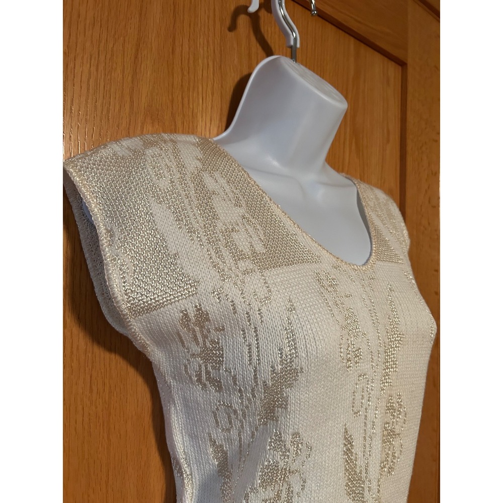 Vintage 90s Gold Cream Floral Knit Cropped Sweater Women's Top Grandmacore - Picture 3 of 7